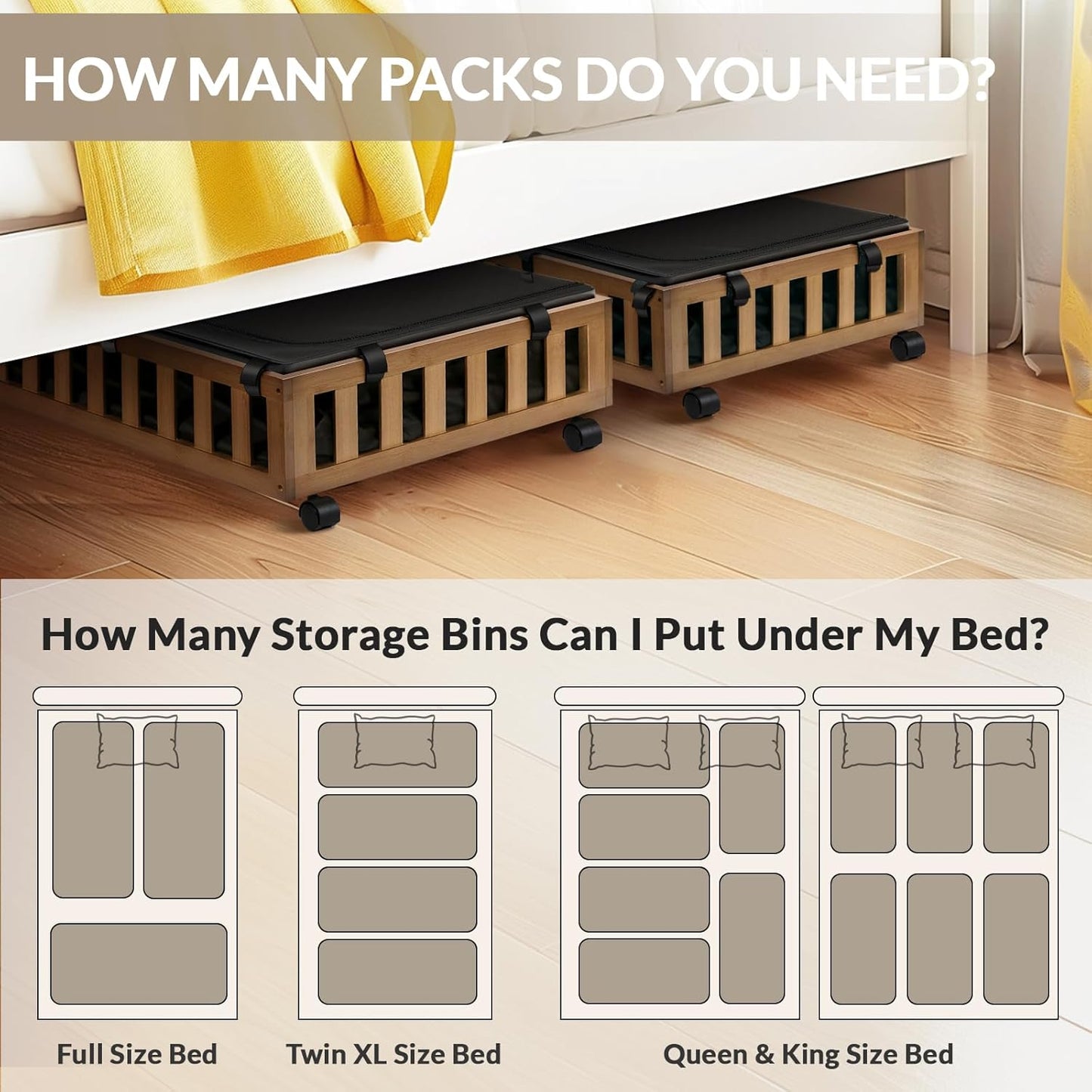 2 Pack Bamboo Under Bed Storage with Wheels, 39”x20”x7.8”