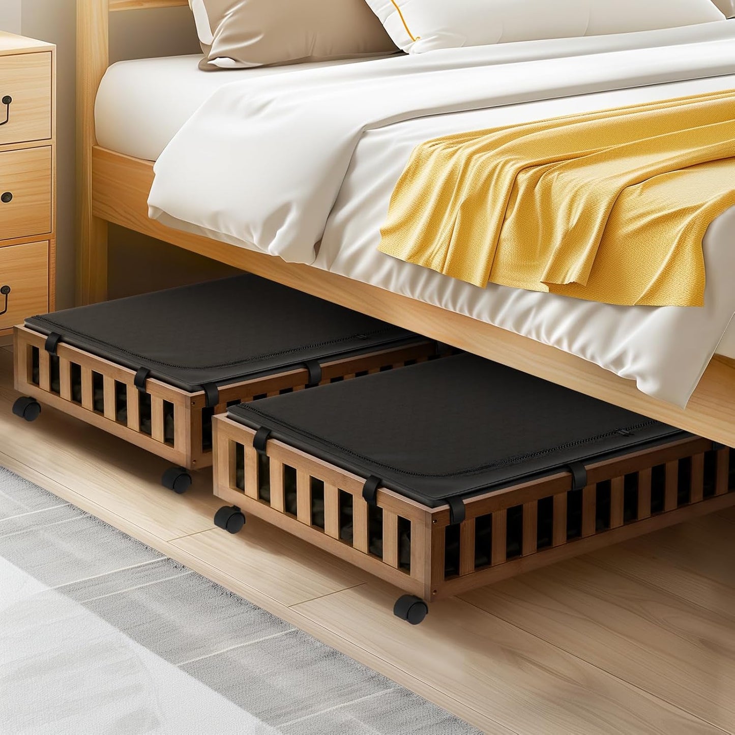 2 Pack Bamboo Under Bed Storage with Wheels, 39”x20”x7.8”