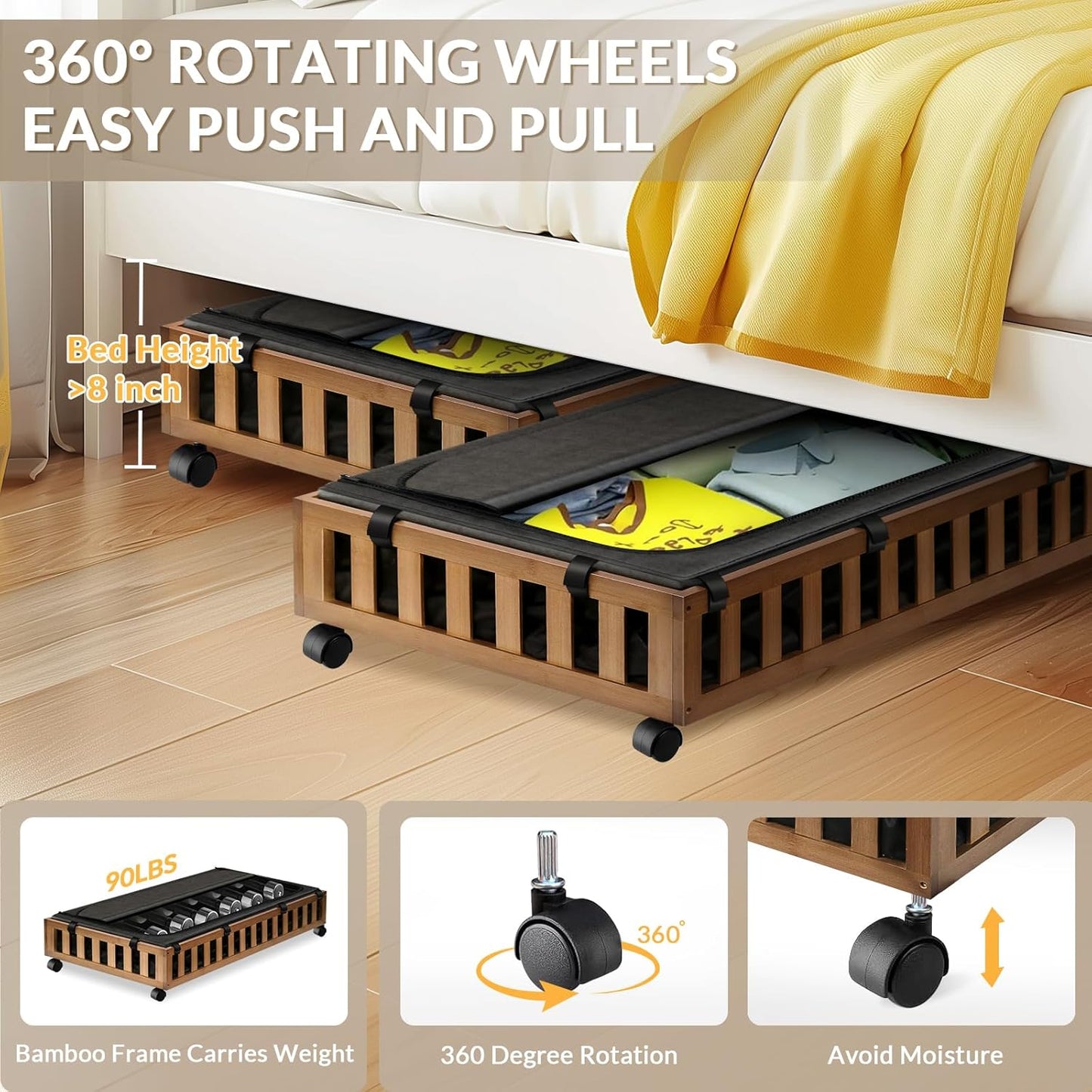 2 Pack Bamboo Under Bed Storage with Wheels, 39”x20”x7.8”