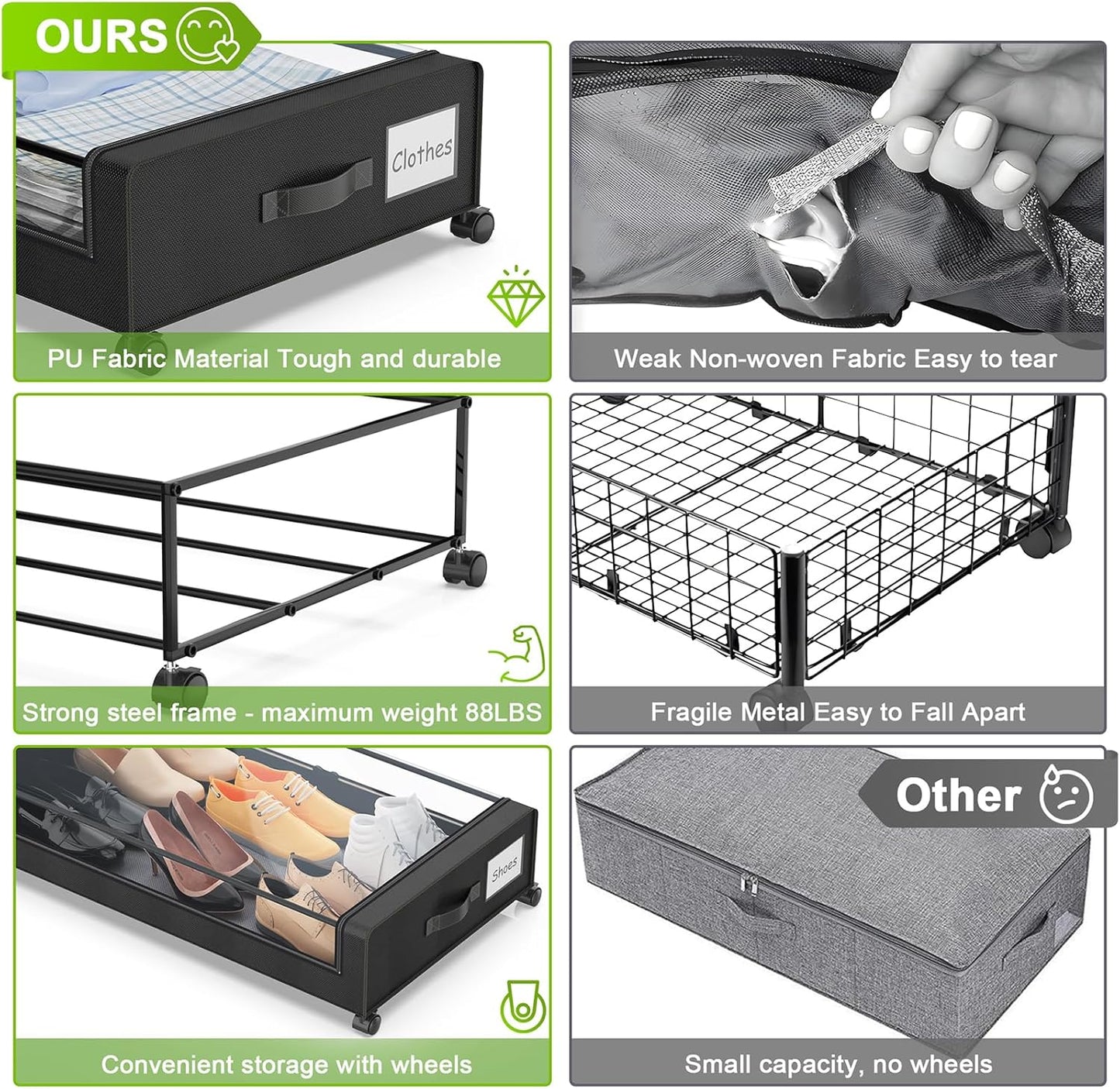 XXL 60L Rolling Metal Drawer for Clothes, Shoes, Toys, Books - Black