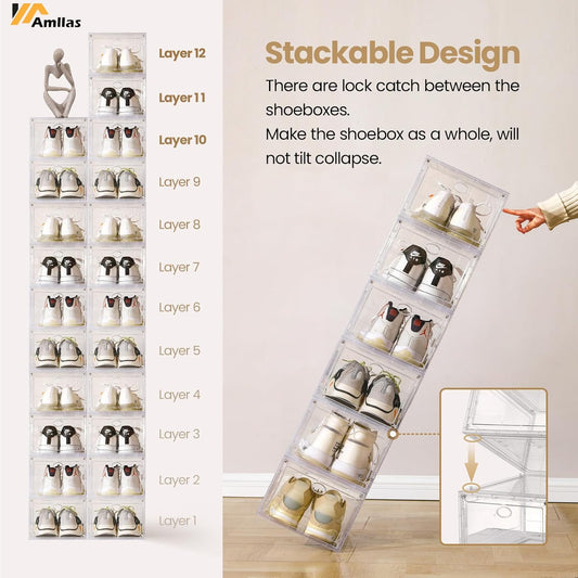 12 Pack Clear Shoe Boxes Stackable,Shoe Storage Boxes for Closet