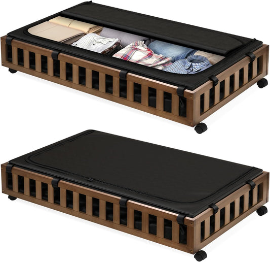 2 Pack Bamboo Under Bed Storage with Wheels, 39”x20”x7.8”
