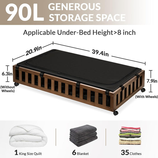 2 Pack Bamboo Under Bed Storage with Wheels, 39”x20”x7.8”