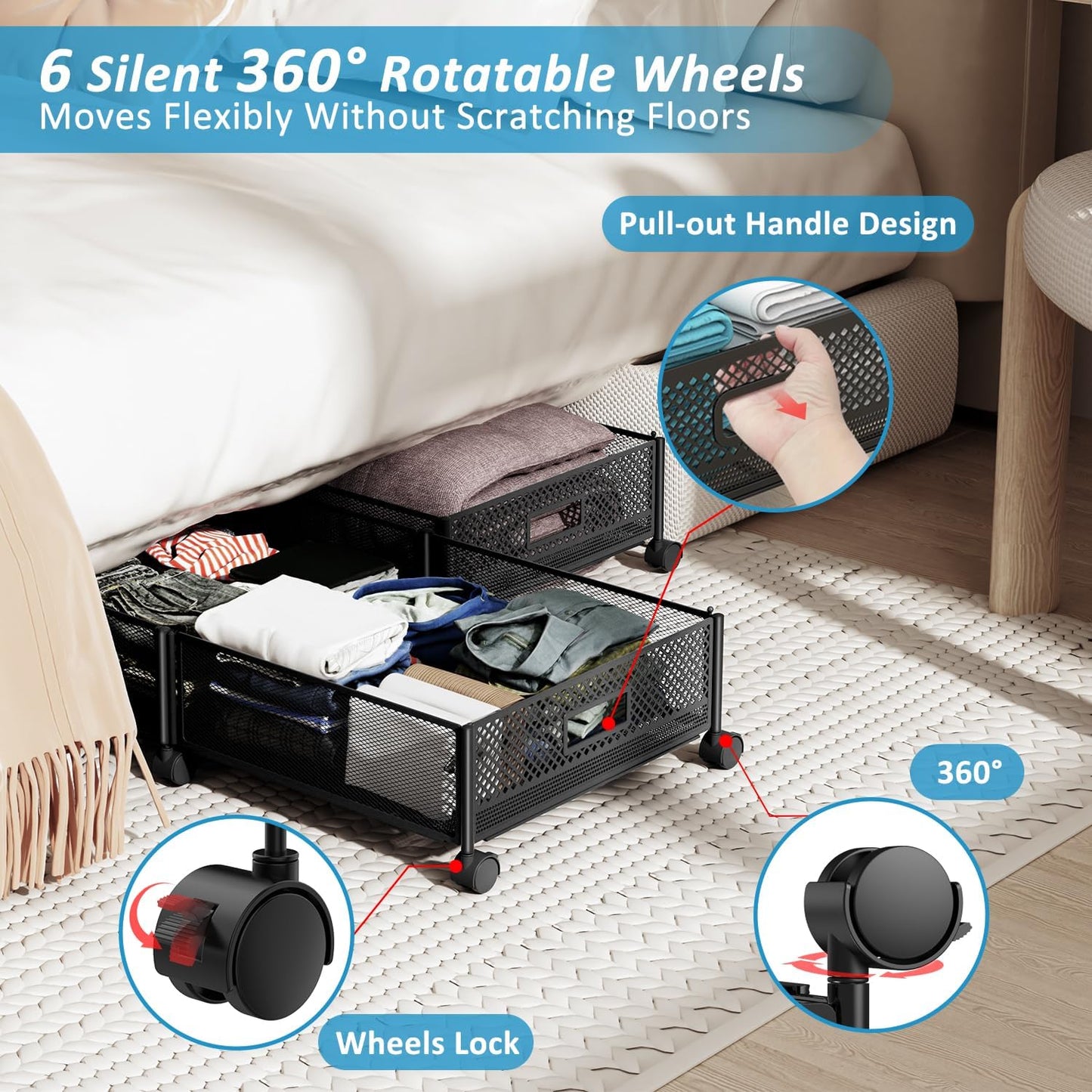Under Bed Storage with Wheels 47.2"(L),57.6L Large Rolling 4 PACK